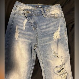 Fashion Nova Blue Distressed Women Jeans asymmetrical button